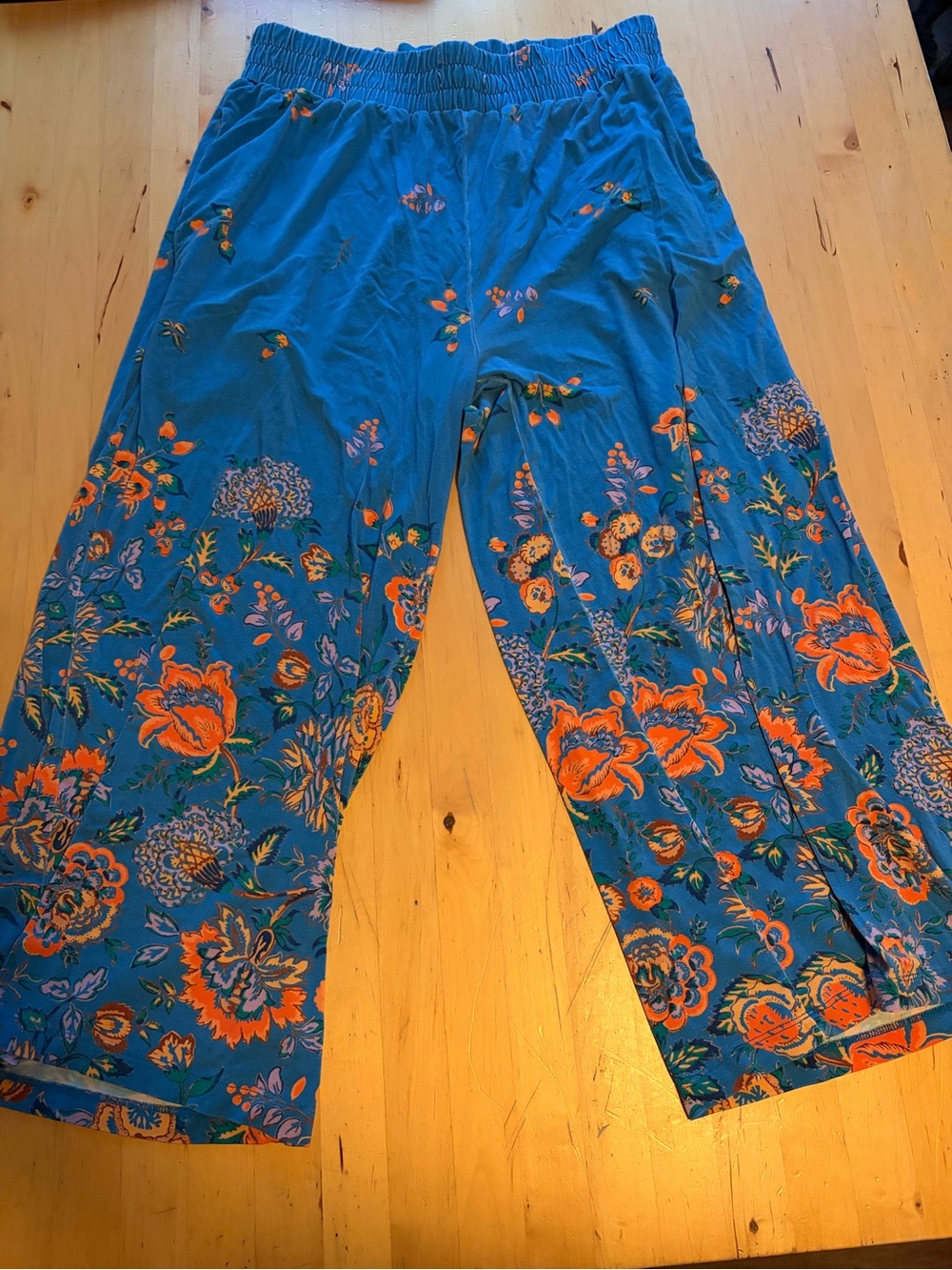Anthropologie Teal Floral Wide-Leg Pants